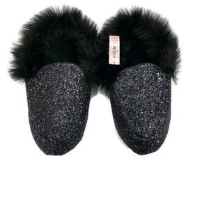 Victoria's Secret Glitter Fax Fur Slippers Black